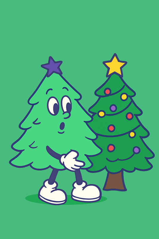 Illustration of a cartoon Christmas Tree beside a Christmas Tree it is intending to sell