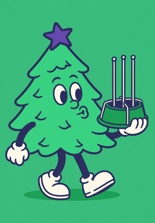 Cartoon Christmas tree character holding a Christmas tree stand
