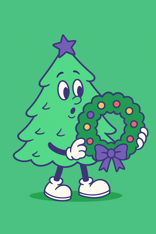 Cartoon Christmas Tree holding a wreath made by Legananny Christmas Trees to sell